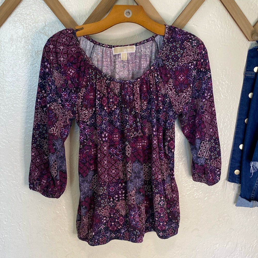 Michael Kors purple paisley printed cotton modal 3/4 sleeve blouse top womens S